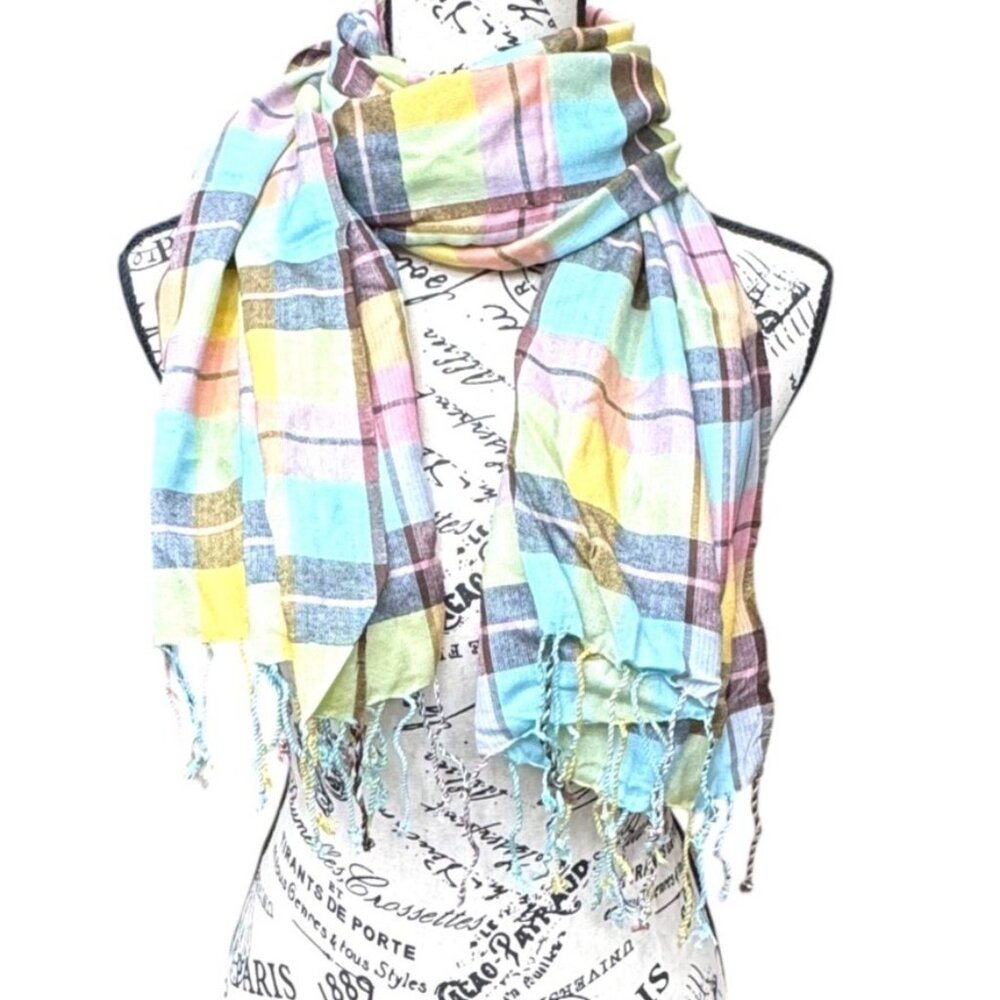 Romano Soft Multicolor Plaid Scarf Shawl Wrap Lightweight Fringe Edge Pink Blue